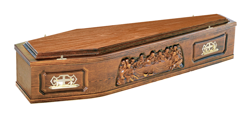 Veneered or solid wood coffin with Last Supper design inset